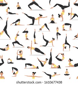 Yoga asanas on white background. Young attractive girl in sportswear practicing yoga seamless pattern. Calmness and meditation vector background. Harmonize yourself and balance training