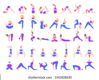 Yoga asanas. Practice in yoga poses, young people train balance, meditate and relax at yoga class vector illustration. Man and woman characters practicing pilates isolated on white background