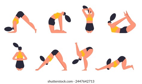 Asanas de yoga. Practica en poses de yoga, los jóvenes entrenan el equilibrio, meditan y se relajan en el ejercicio de yoga asana, posicionan el estilo de vida ilustración de la salud Vector