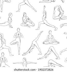 Yoga asanas in seamless pattern. Women practicing yoga asanas design for backgrounds and wallpapers. Hand drawn engraved vector illustration isolated on white background