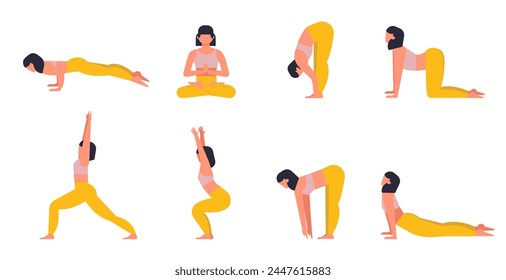 Yoga asanas set, different pose woman collection of sport yoga asana by female, fitness activity health workout, vector illustration