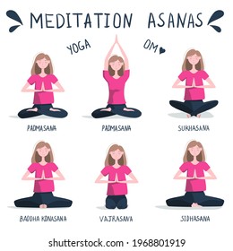 Yoga asanas set. Young woman doing yoga poses. Collection of females, flat cartoon characters demonstrating yoga positions for meditation isolated on white background 