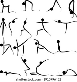 Yoga asanas einfache Linie Satz von Symbolen. Vektorgrafik