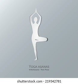 Yoga asanas. Vriksasana. Tree pose. Cut-out paper Design.