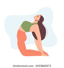 Yoga Asanas. Young Woman Practicing Yoga Pose, Stretching, Workout Fitness, and Exercises. Concept of Healthy Lifestyle. Flat Vector Illustration Isolated on Transparent Background.