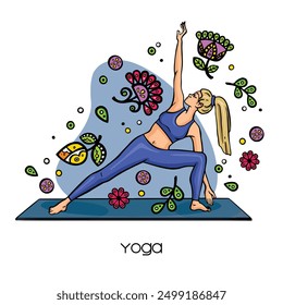 Yoga, assana pose war unity with nature, color cartoon illustration vector