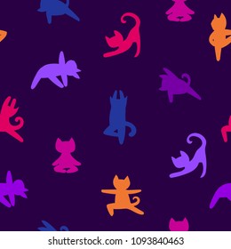 Yoga assanas seamless pattern. cat silhouette making Pilates morning exercises. sport wrapping paper. Sportish animal character on repeated backdrop. 