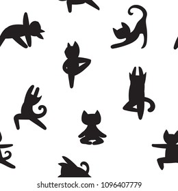 Yoga assanas seamless pattern. cat silhouette. Pilates morning exercises. sport wrapping paper. Sportish animal character on repeated backdrop. 