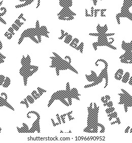 Yoga assanas seamless pattern. Cat making Pilates morning exercises. sport wrapping paper. Sportish animal character on repeated backdrop. sportish kitten silhouette. black and white background