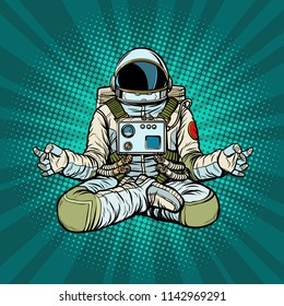 yoga astronaut Lotus pose. Meditation and spiritual practice. Pop art retro vector illustration kitsch vintage