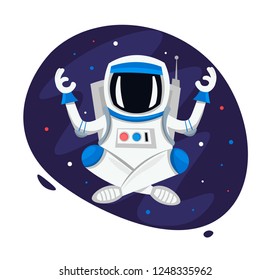 Yoga astronaut lotus pose. Meditation Cosmonaut cartoon vector illustration