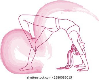 Yoga Backbend Pose Line Art with Pink Watercolor Accent