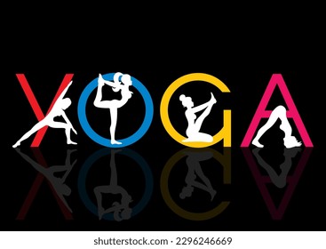 Yoga background with colourful silhouettes of females in various yoga poses