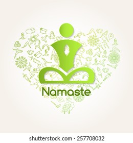 Yoga background with doodle asanas background and paper logo. Hand drawn yoga asanas. Yoga sketch icons. Yoga paper logo. I love yoga concept