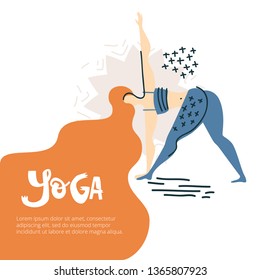 Yoga background illustartion with woman in asana, text on the beautiful hair. Flat folk illustration, scandinavian style. 