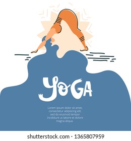 Yoga background illustartion with woman in asana, text on the beautiful hair. Flat folk illustration, scandinavian style. 