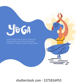 Yoga background illustartion with woman in asana, text on the beautiful hair. Flat folk illustration, scandinavian style. 