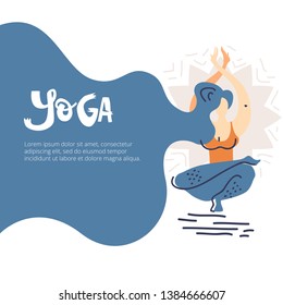 Yoga background illustartion with woman in asana, text on the beautiful hair. Flat folk illustration, scandinavian style. 