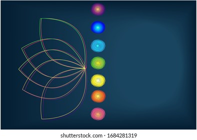 Yoga background with multicolored luminous chakras and Lotus against a dark cosmic sky, with space for . Yoga concept 
