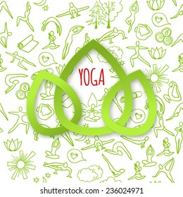 Yoga background. Background pattern is seamless. Hand drawn yoga asanas. Yoga sketch icons. Yoga lotus paper logo