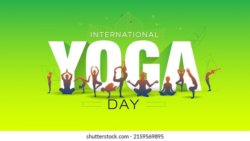 Yoga background with Text International yoga day. Yoga Body Posture. Group of people practicing yoga.