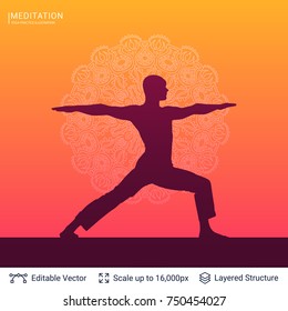 Yoga background vector template. Silhouette of practicing person in asana position and Mandala backdrop.