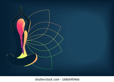 Yoga Hintergrund mit Frauen sitzen mit gekreuzten Beinen und meditieren mit Platz für Text.Junge Frau sitzt in Lotus-Pose von Yoga.  Kostenloses Gedankenkonzept. Vektorillustration.