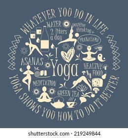 Yoga background with yogic quote. Vector pattern with illustration yoga lifestyle.