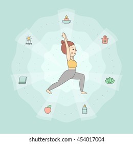 Yoga background with young woman (girl) in Warrior I pose with symbols. Clean and simple outline design.