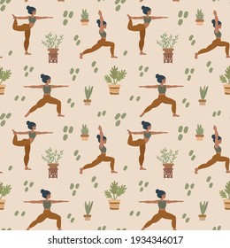 Yoga background.Girls do Pilates and meditation., Pattern with people in different poses. Outdoor workout pattern for textiles. Vector illustration