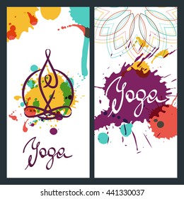 Yoga backgrounds, logo and lettering. Vector design elements for banner, poster, flyer, label. Yoga watercolor illustration.