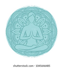 Yoga balance female silhouette. Flower mandala and meditaion woman isolated on white. Vector illustration