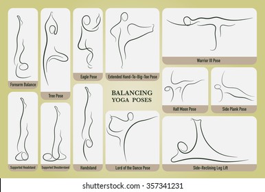 Yoga balancing poses set in gesture drawing line with posture name.