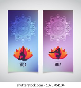 Yoga Banner Collection. Ethnic Ornament And Human Asana Silhouette. Eps 10 Vector Illustration.