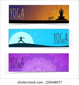 Yoga Banner Collection. Ethnic Ornament And Human Silhouette. Eps 10 Vector Illustration.