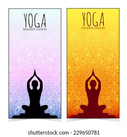 Yoga Banner Collection. Ethnic Ornament And Human Silhouette. Eps 10 Vector Illustration.