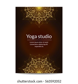 Yoga banner with golden floral mandalas. Ethnic ornament. Indian traditional decorative elements. Design for yoga studio flyer, card, invitation. Realistic glitter sequins. Vector EPS10 illustration.