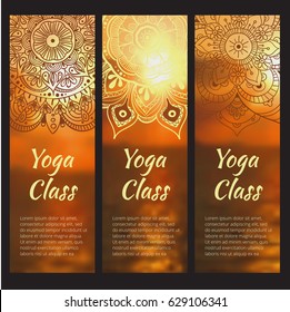 Yoga banner set with mandala. Vector illustration