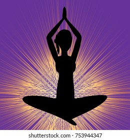 Yoga banner with sitting girl silhouette, black figure on purple background with brilliant yellow rays, vector EPS 10