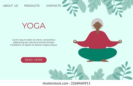  Yoga banner template. Senior woman sits cross-legged and meditates. Old woman makes morning yoga or breathing exercises.