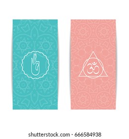 Yoga banner template. Set of vertical pink and turquoise flyers with chakra and mandala symbols. Design for yoga banner, studio, spa, classes, poster, invitation, gift certificate and presentation