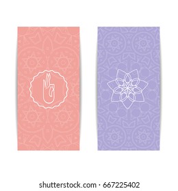 Yoga banner template. Set of vertical pink and purple flyers with chakra and mandala symbols. Design for yoga banner, studio, spa, classes, poster, invitation, gift certificate and presentation