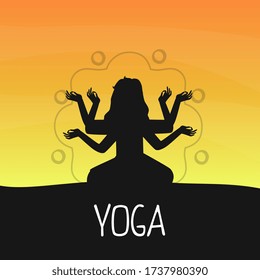 Yoga Banner Template with Silhouette of Multi Armed Woman Meditating in Lotus Position at Sunset Vector Illustration