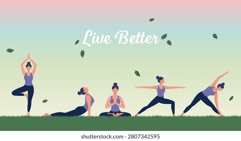 Yoga banner template with women practicing different poses on grass. Vector illustration with 