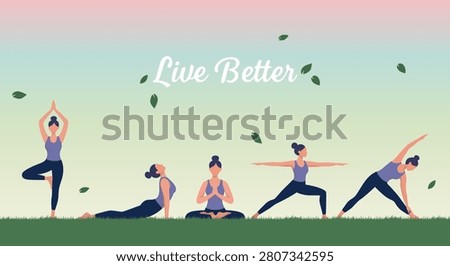 Yoga banner template with women practicing different poses on grass. Vector illustration with 