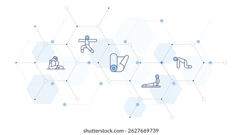 Yoga Banner Vector Illustration with Icon Style in Between. Line Duotone icon. Containing. pilates, yoga pose, yoga mat.