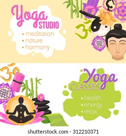 Yoga banners horizontal set with wellness and fitness elements isolated vector illustration