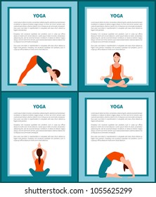 Yoga banners, set with text sample, frames and titles, yoga lotus and mountain poses collection, vector illustration, isolated on blue background