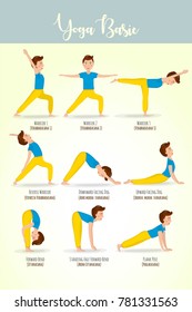 yoga basic poses for man. cartoon character. healthy lifestile. eps 10 vector illustration