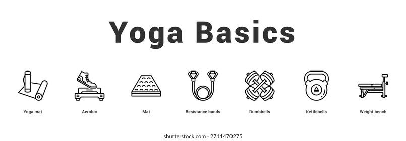 Yoga Basics Moderne und saubere Web-Banner-Illustration mit thematischen Symbolen für visuelle Kommunikation
